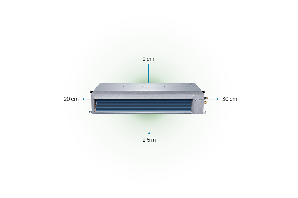 Distanze di rispetto da mantenere per DUCT 2: 20 e 30 cm ai lati, 2 centimetri sopra e 2,5 metri sotto
