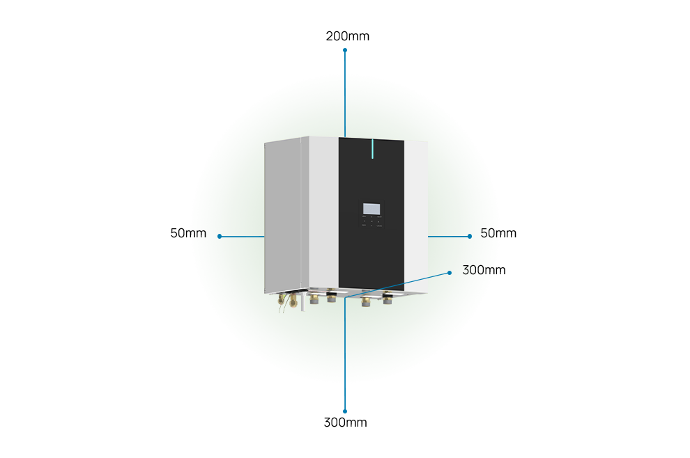 SPHERA EVO 2.0 BOX, les espaces nécessaires à l’installation sont les suivants : 50 millimètres de chaque côté, 200 millimètres au-dessus, 300 millimètres en dessous, 300 millimètres à l’avant